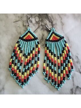 Native American-Style Beaded Tassel Fashion Earrings Blue Black Orange